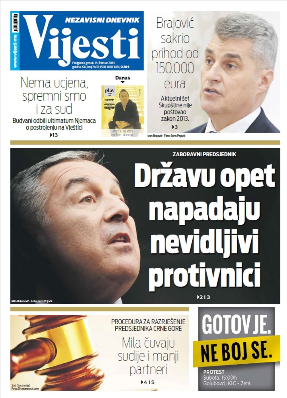 Naslovna strana "Vijesti" za 15. februar, Foto: Vijesti
