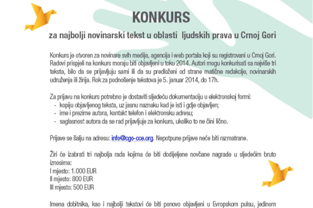 Konkurs za najbolji novinarski tekst u oblasti  ljudskih prava u Crnoj Gori, Foto: CGO