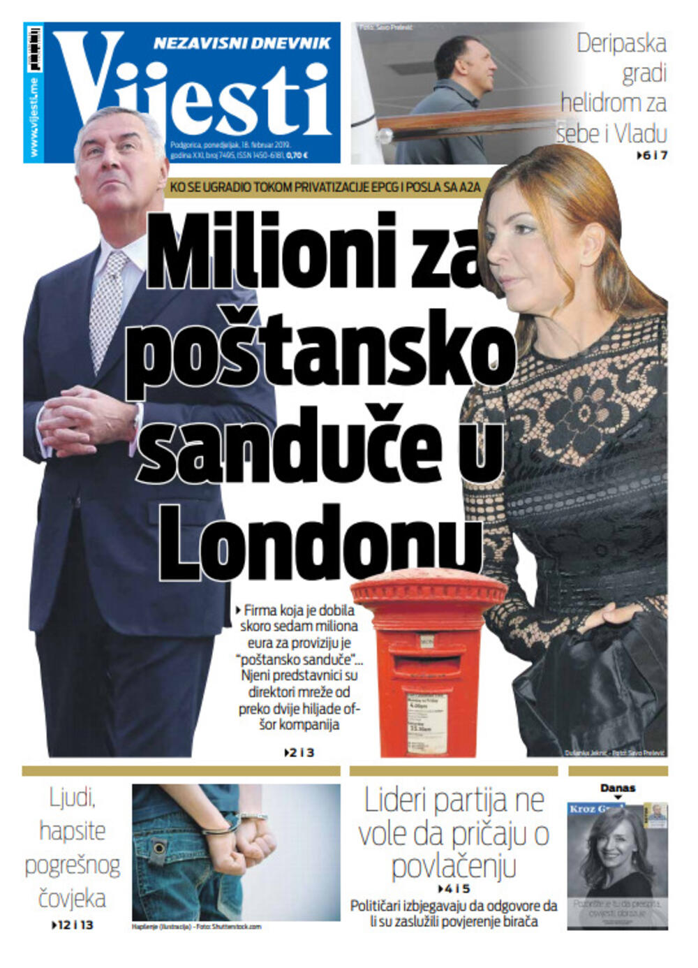 Naslovna strana "Vijesti" za 18. februar 2019. godine, Foto: Vijesti