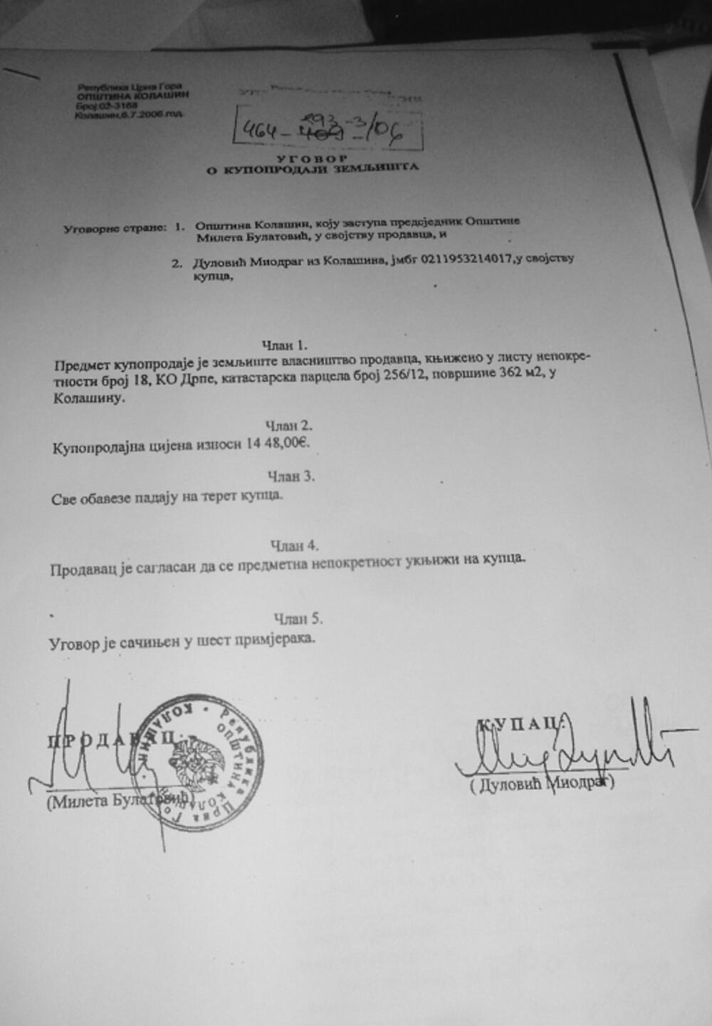 Ugovor Opštine Kolašin i Miodraga Dulovića