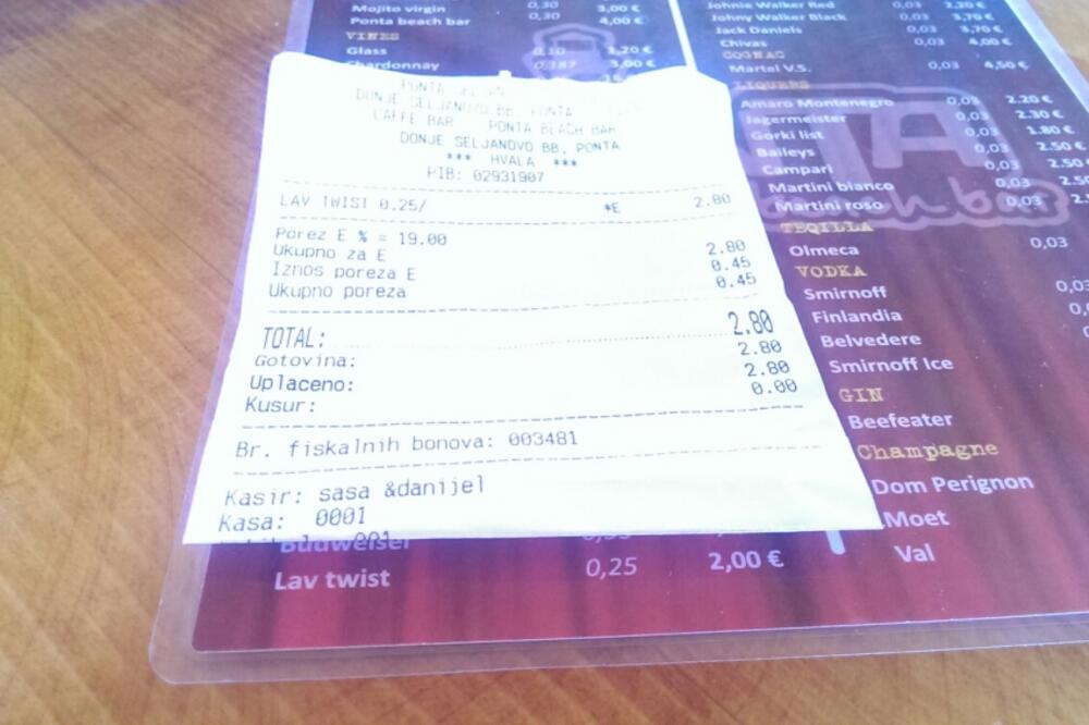 račun Ponta beach bar, Foto: Čitalac reporter