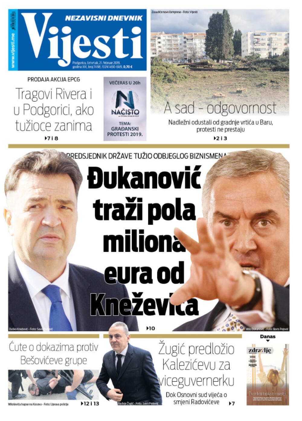 Naslovna strana "Vijesti" za 21. februar