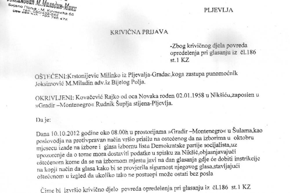 Krivična prijava, Foto: Fotokopija