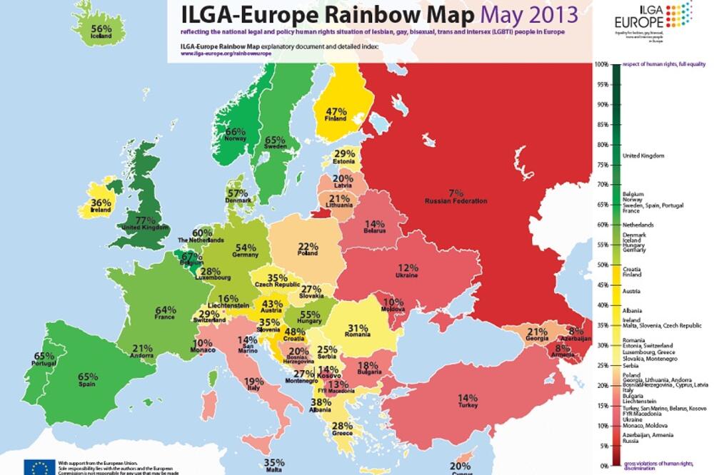 Mapa Evrope po toleranciji prema LGBT populaciji, Foto: Ilga-europe.org