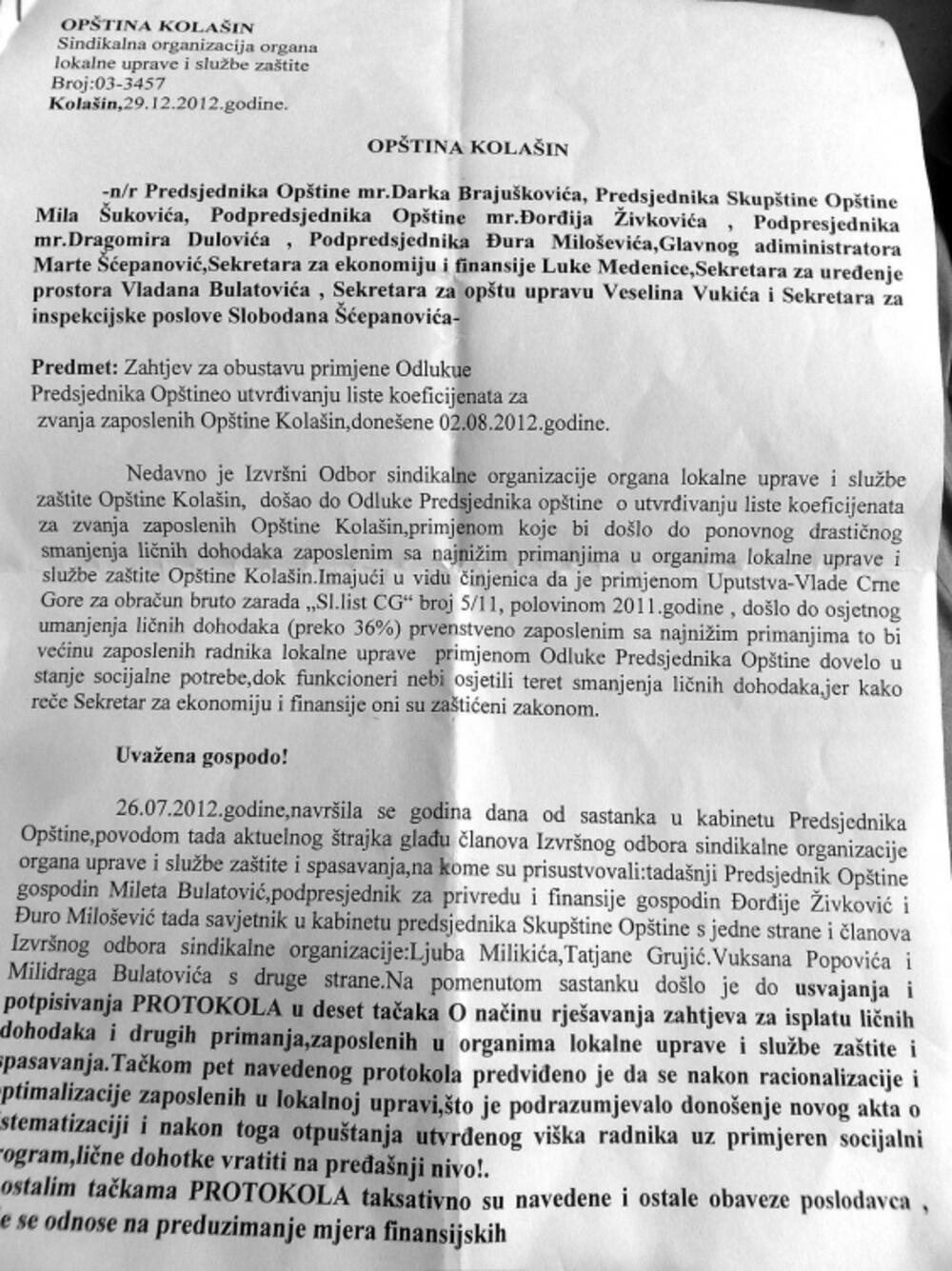 Dopis sindikata lokalne uprave i službe zaštite Kolašin