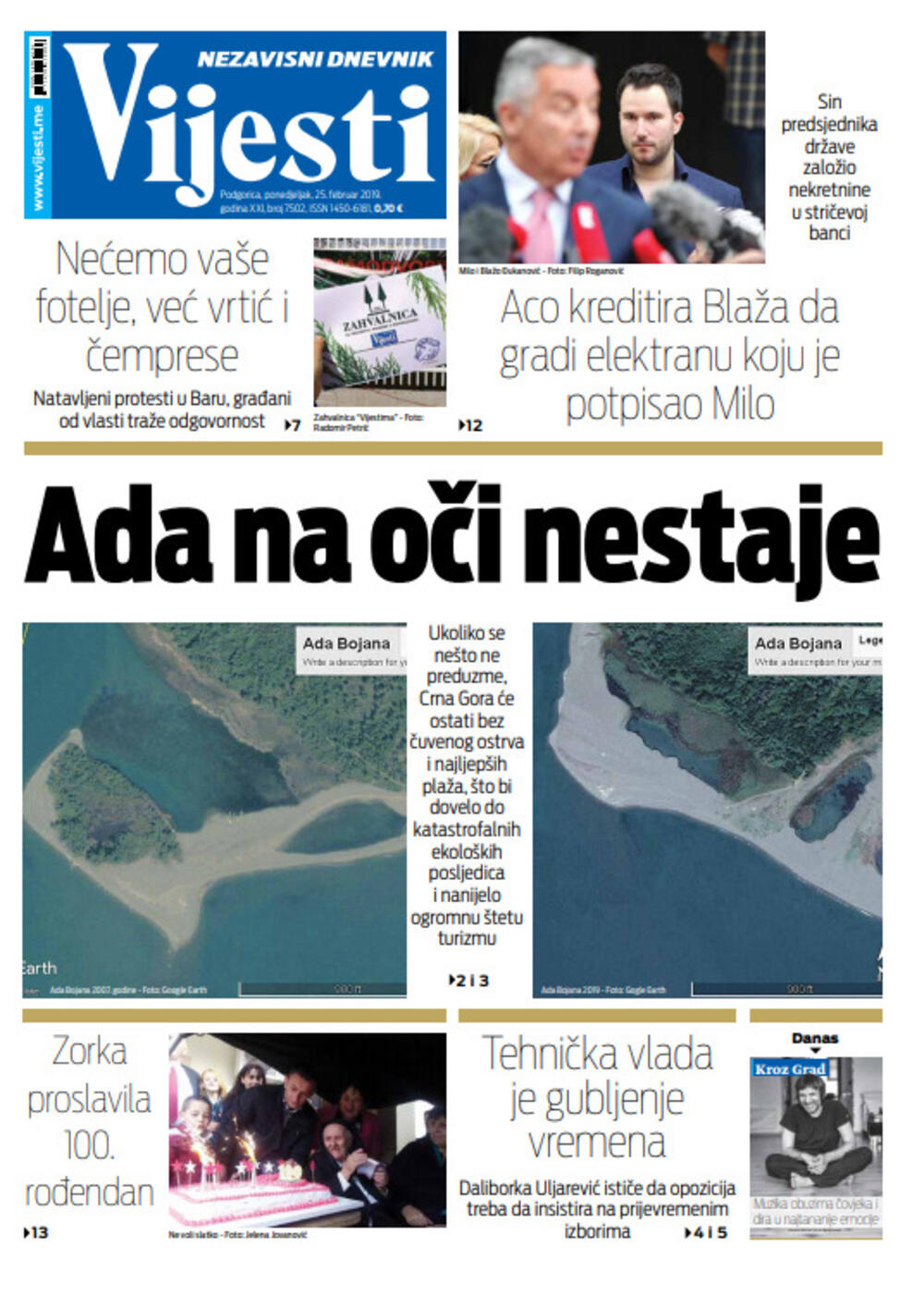 Naslovna strana "Vijesti" za 25. februar, Foto: "Vijesti"