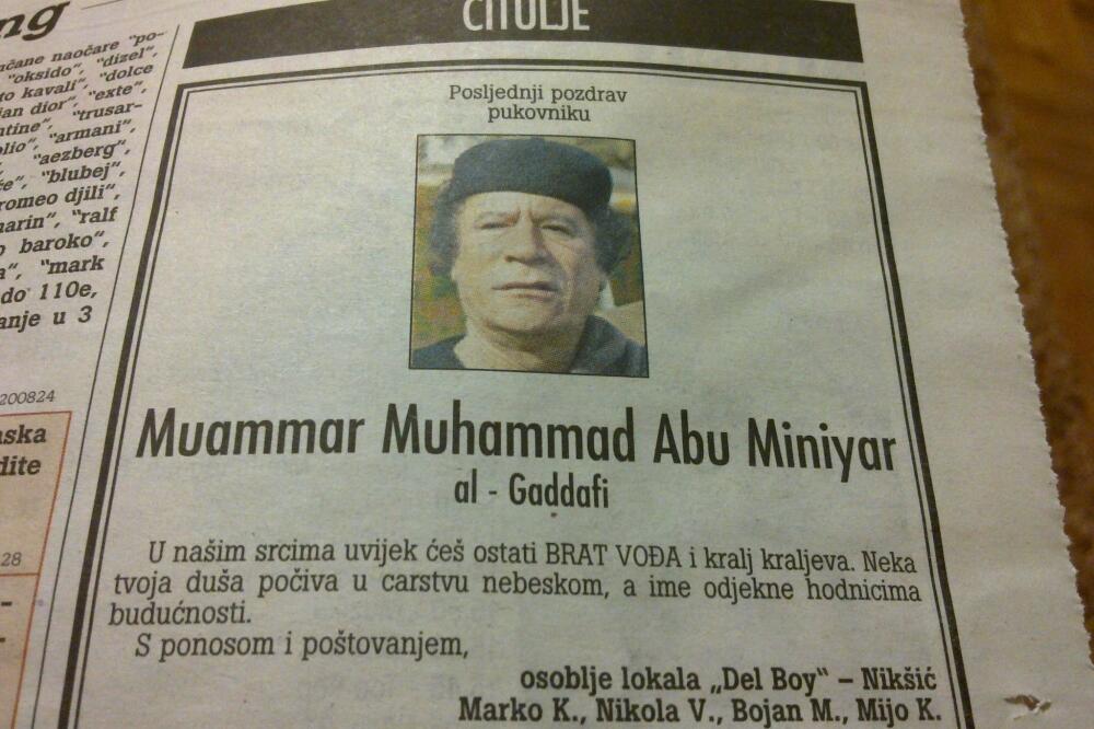 čitulja Gadafiju, Foto: Vijesti