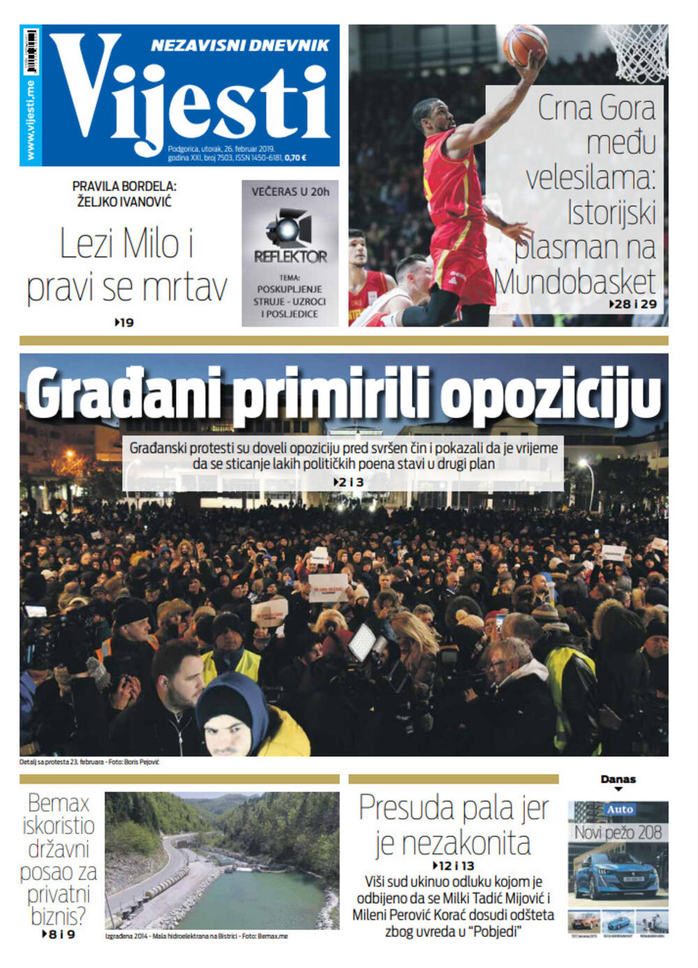 Naslovna strana "Vijesti za 26. februar, Foto: Vijesti