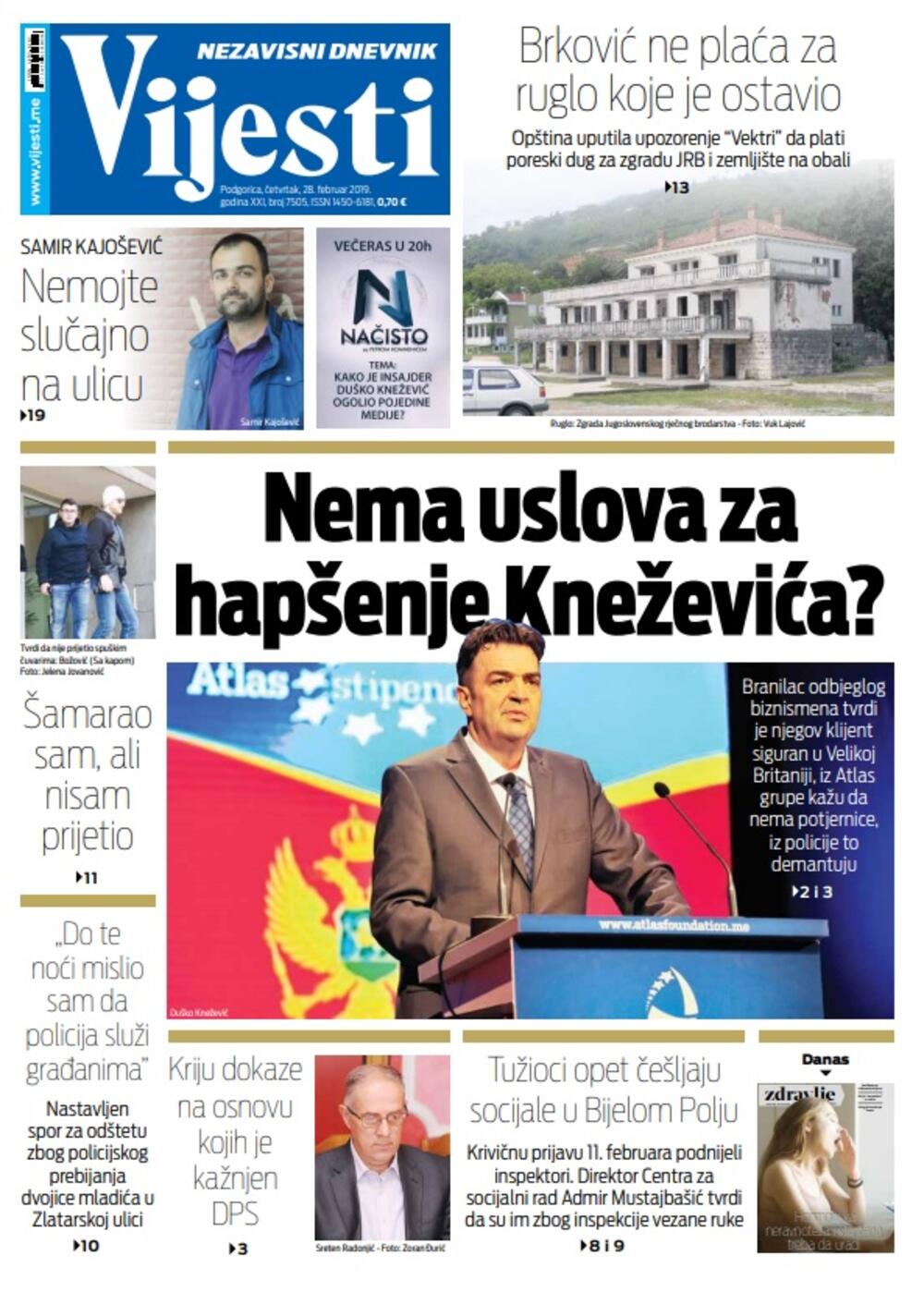 Naslovna strana 28.2.2019., Foto: Vijesti