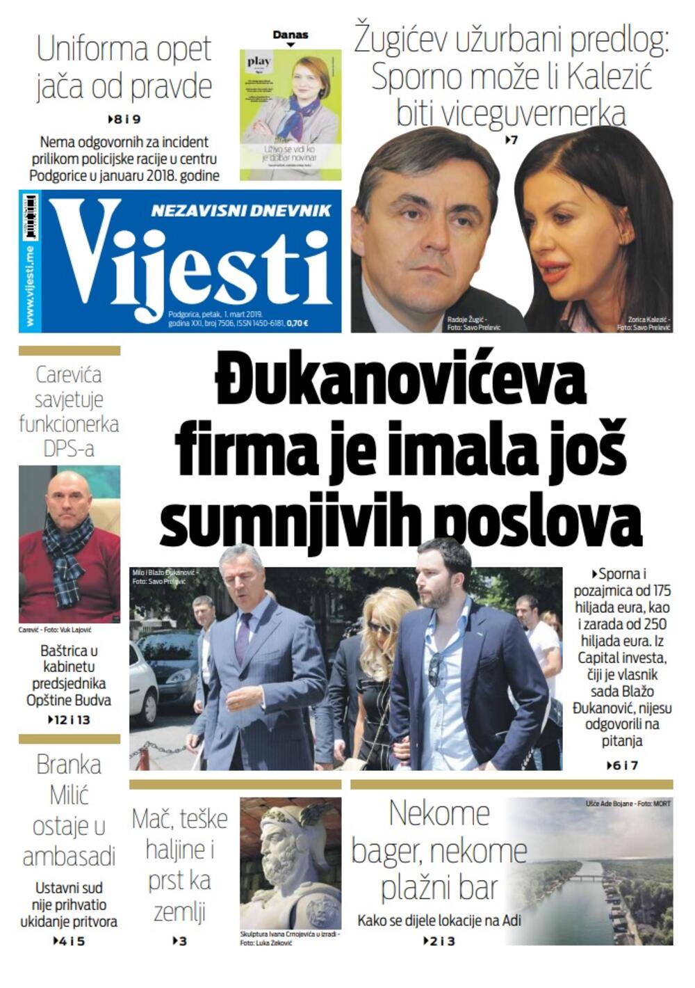 Naslovna strana "Vijesti" za 1. mart