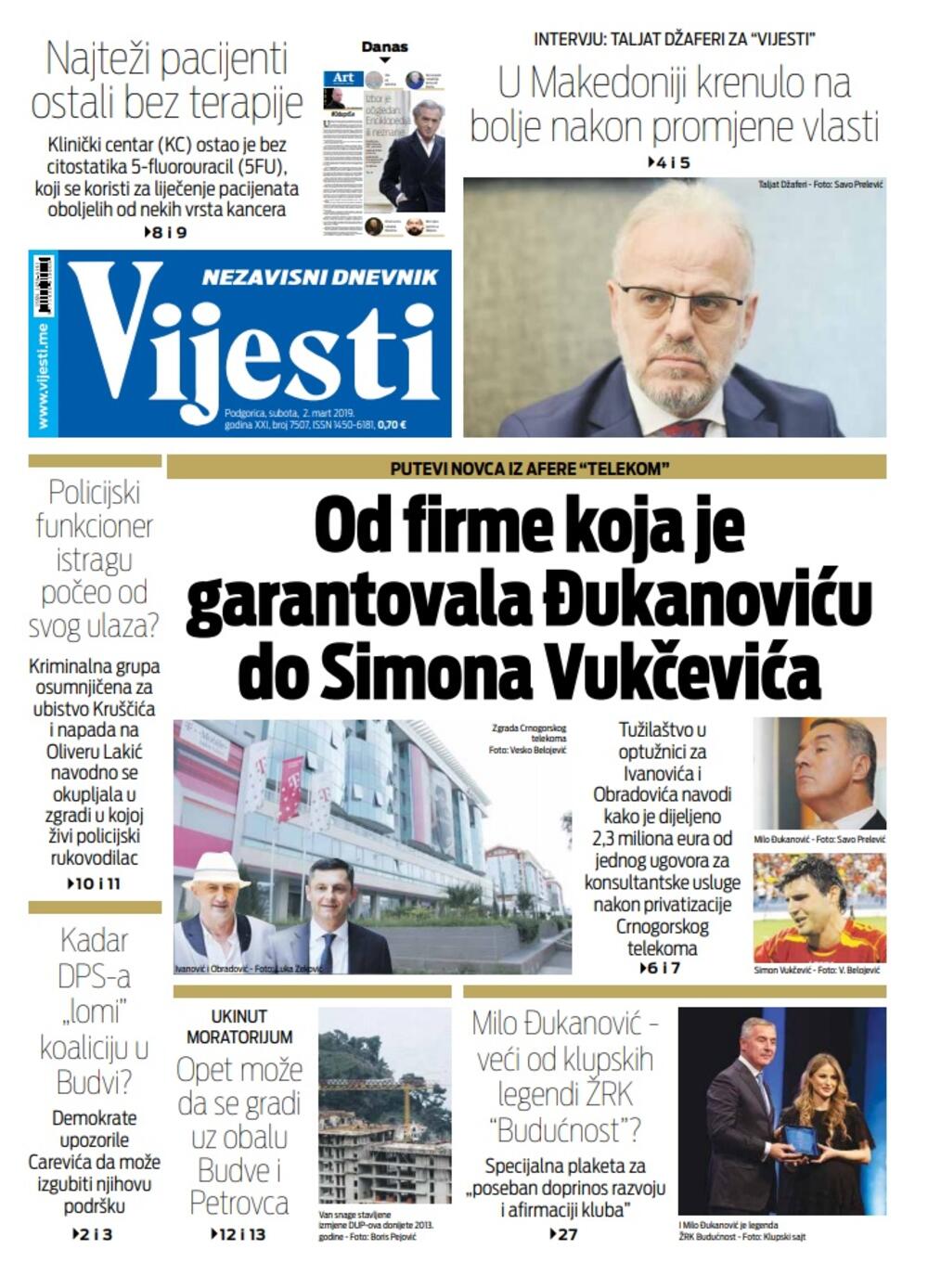 Naslovna strana "Vijesti" za 2. mart