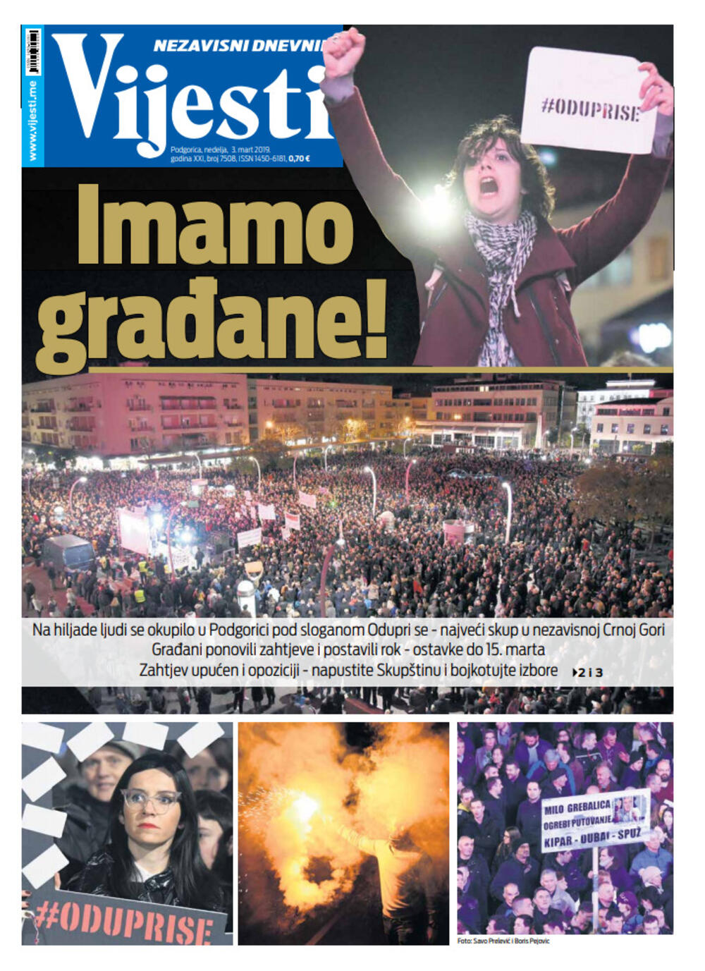 Naslovna strana "Vijesti" za 3. mart, Foto: Vijesti
