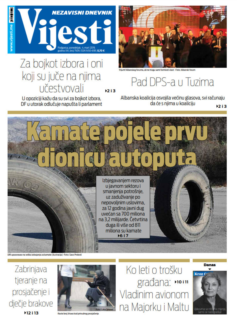 Naslovna strana "Vijesti" za 4. mart, Foto: Vijesti