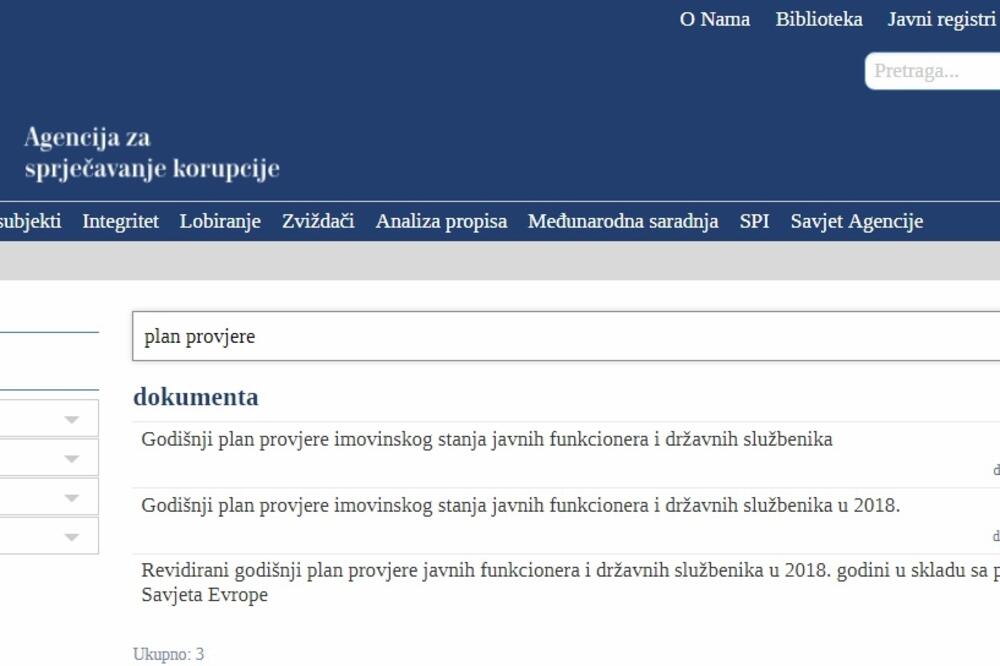 Podaci o godišnjim planovima na sajtu ASK, Foto: Antikorupcija.me