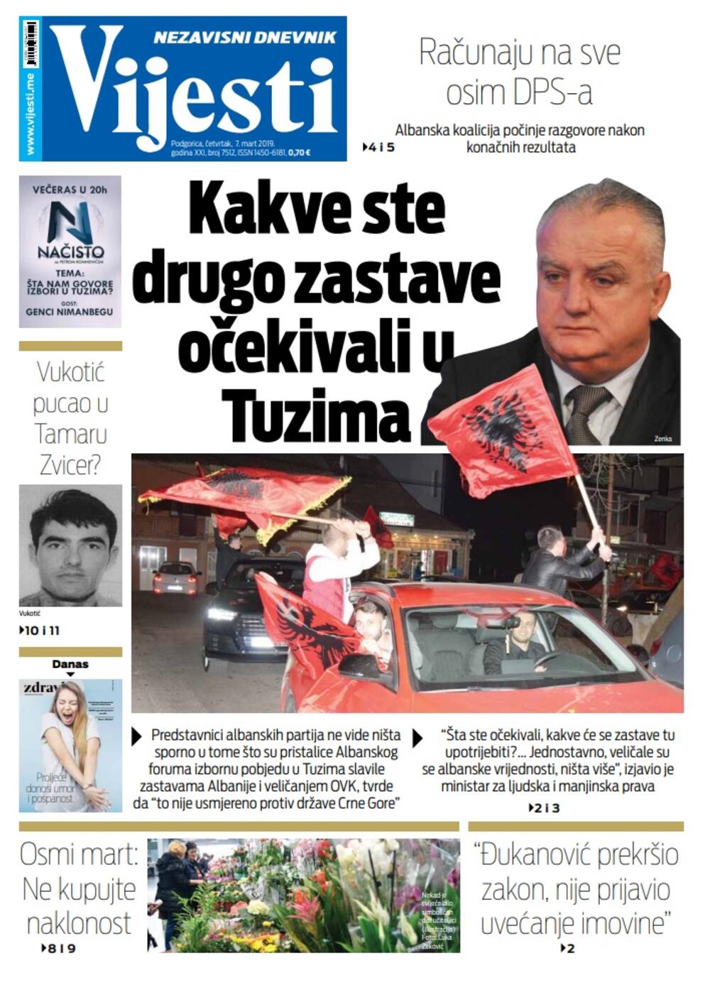 Naslovna strana "Vijesti" za 7. mart