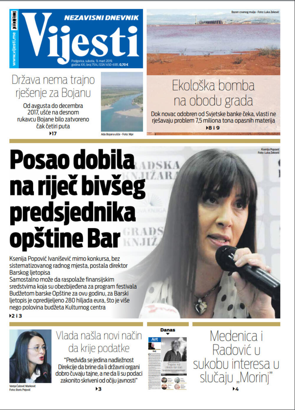 Naslovna strana "Vijesti" za deveti mart, Foto: "Vijesti"