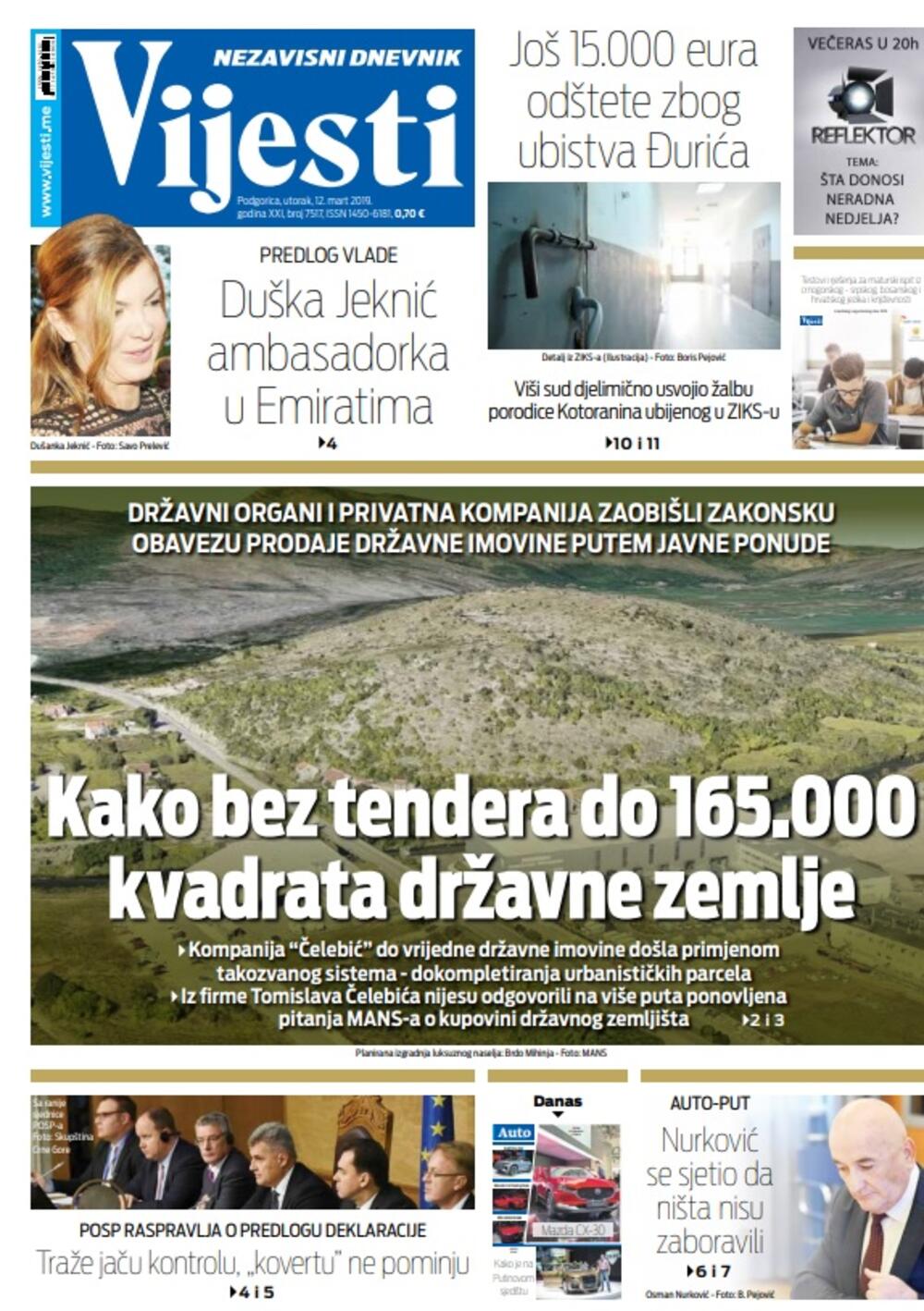 Naslovna strana "Vijesti" 12.3., Foto: Vijesti