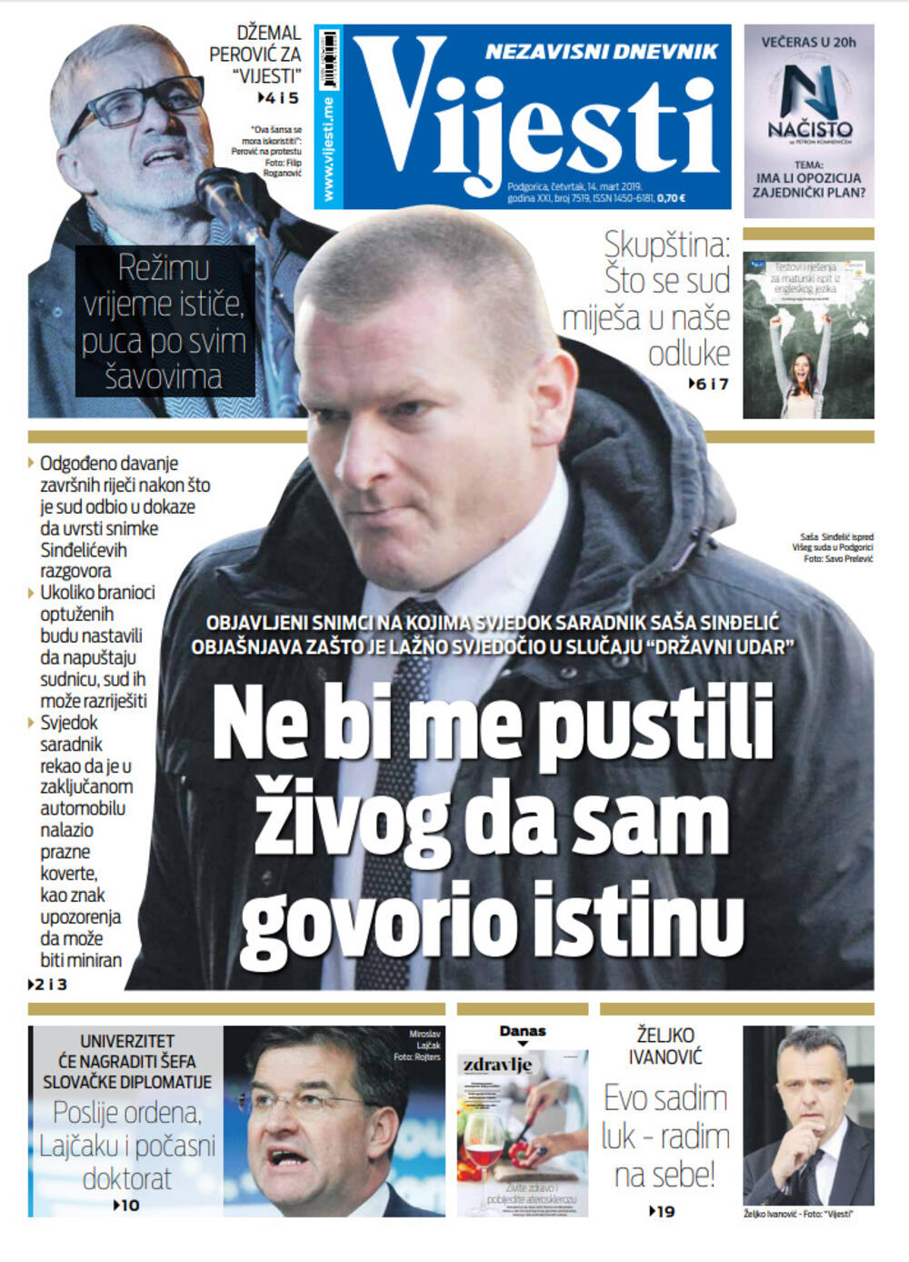 Naslovna strana "Vijesti" za 14. mart, Foto: "Vijesti"