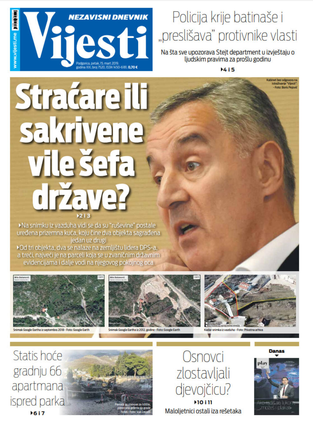Naslovna strana "Vijesti" za 15. mart, Foto: "Vijesti"