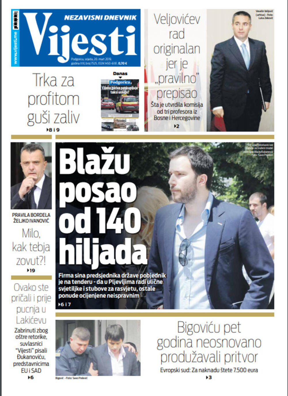 Naslovna strana "Vijesti" za 20. mart, Foto: "Vijesti"