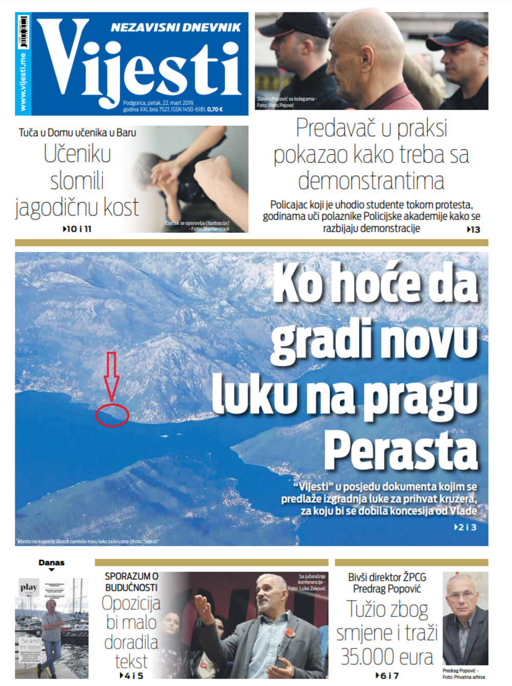 Naslovna strana "Vijesti" za 22. mart, Foto: Vijesti