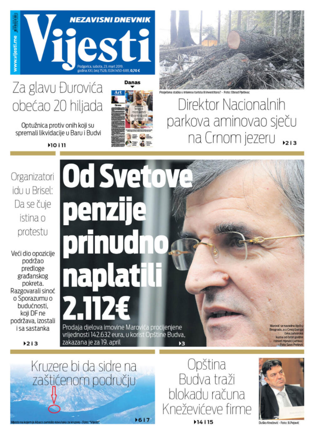 Naslovna strana "Vijesti" za 23. mart