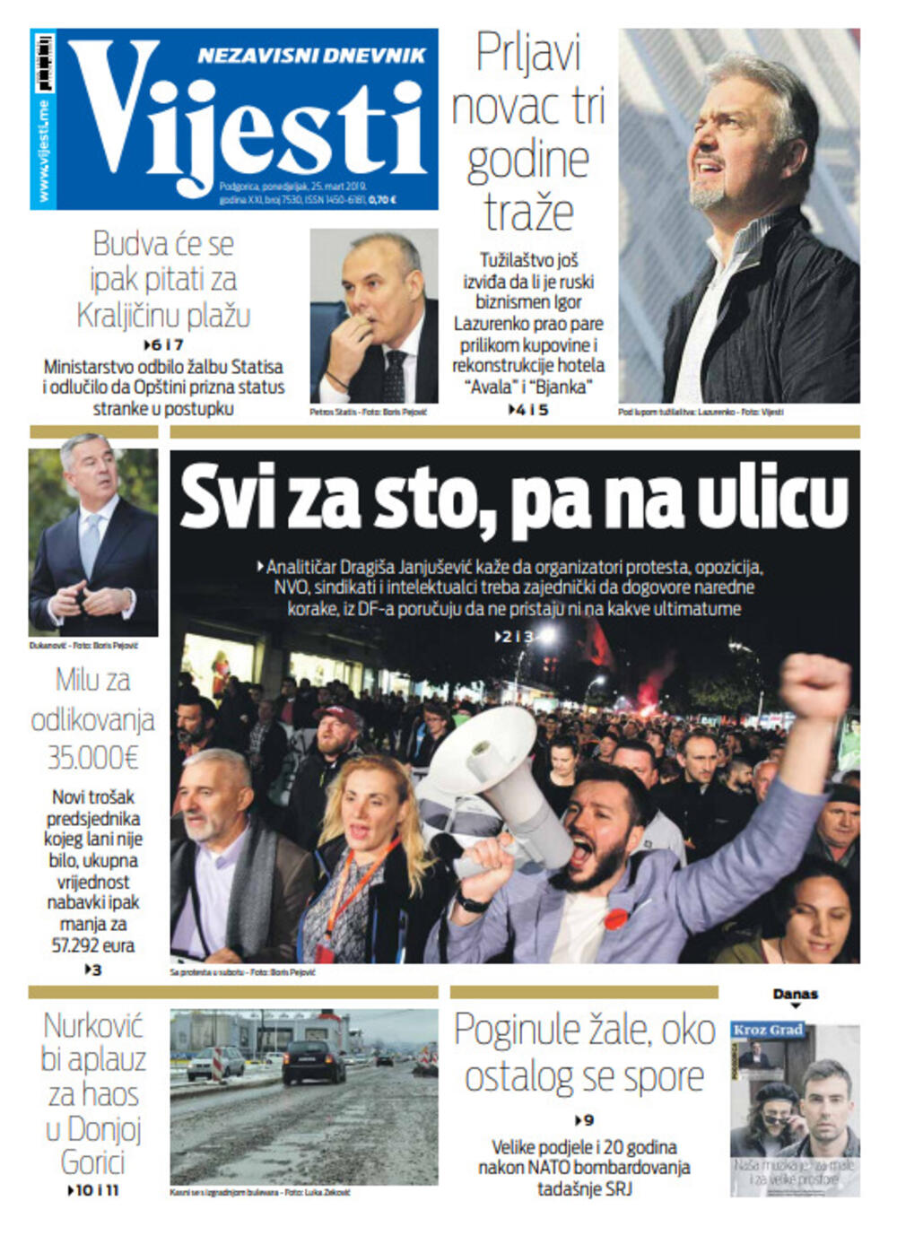 Naslovna strana "Vijesti" za 25. mart, Foto: "Vijesti"