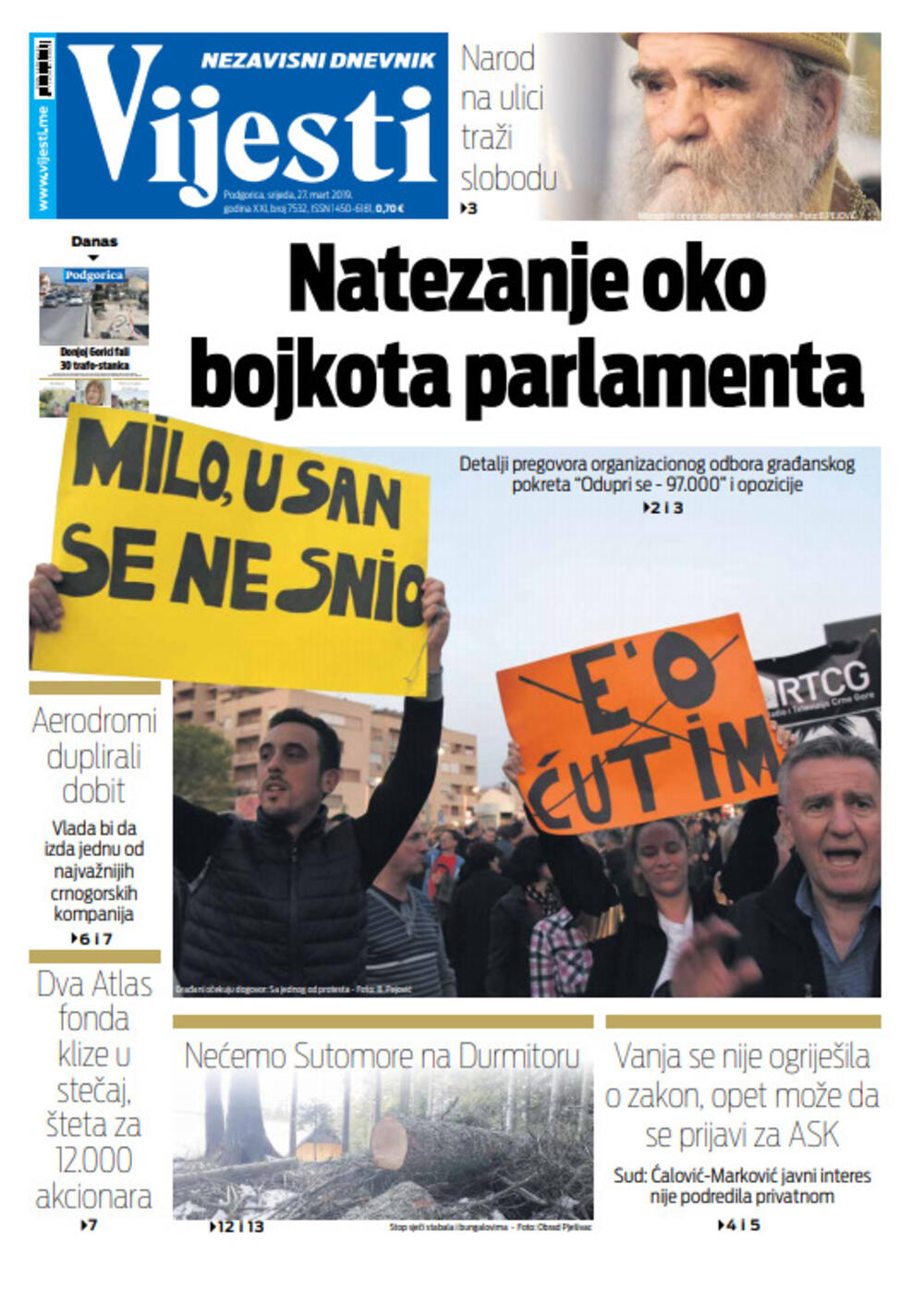 Naslovna strana Vijesti za 27. mart, Foto: Vijesti