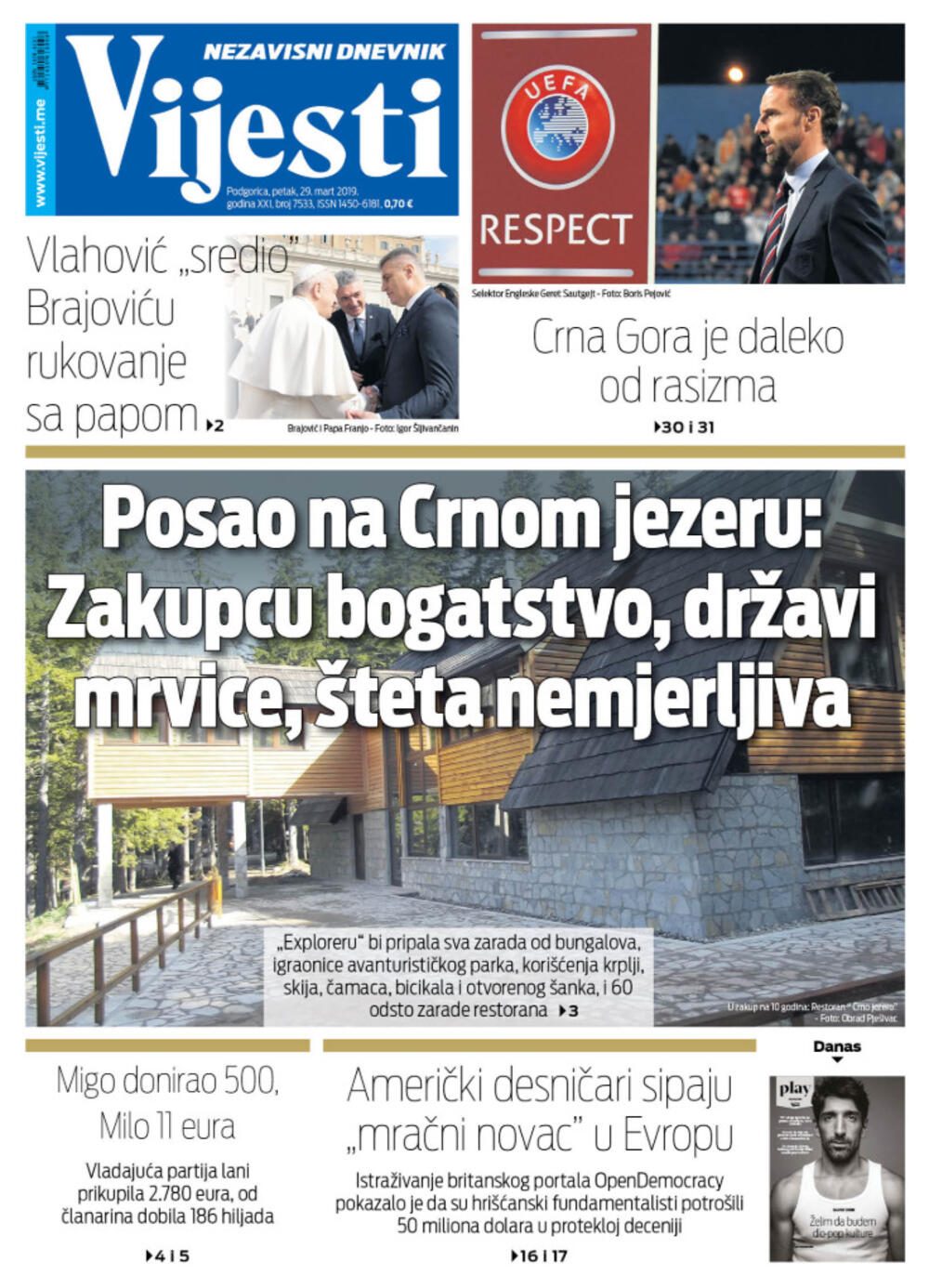 Naslovna strana "Vijesti" za 29. mart