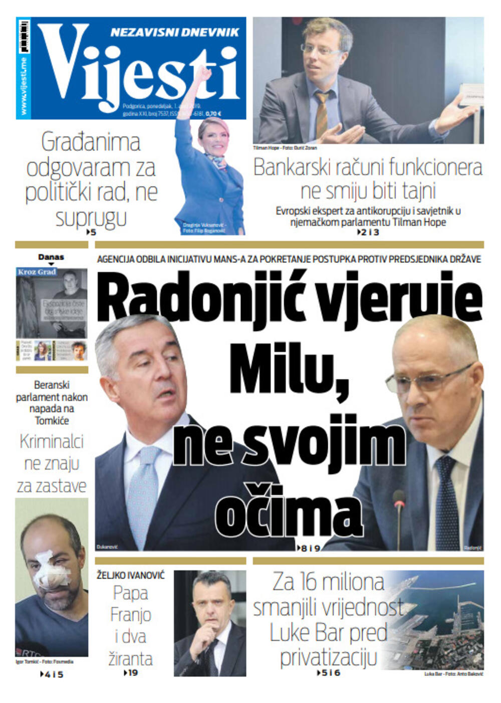Naslovna strana "Vijesti" za prvi april, Foto: "Vijesti"