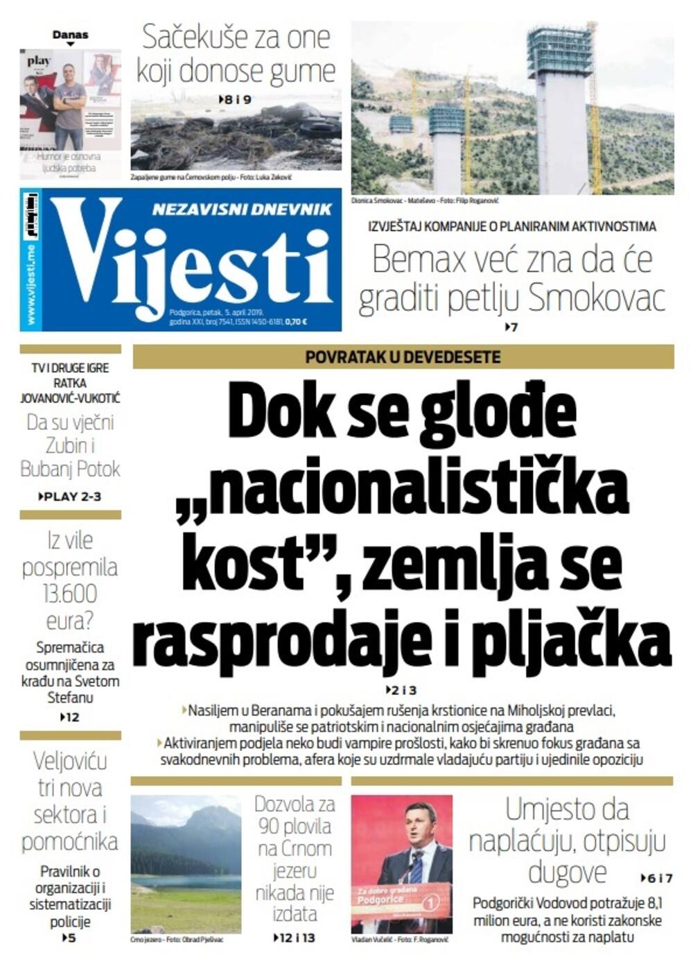 Naslovna "Vijesti" za 5.4.2019., Foto: Vijesti