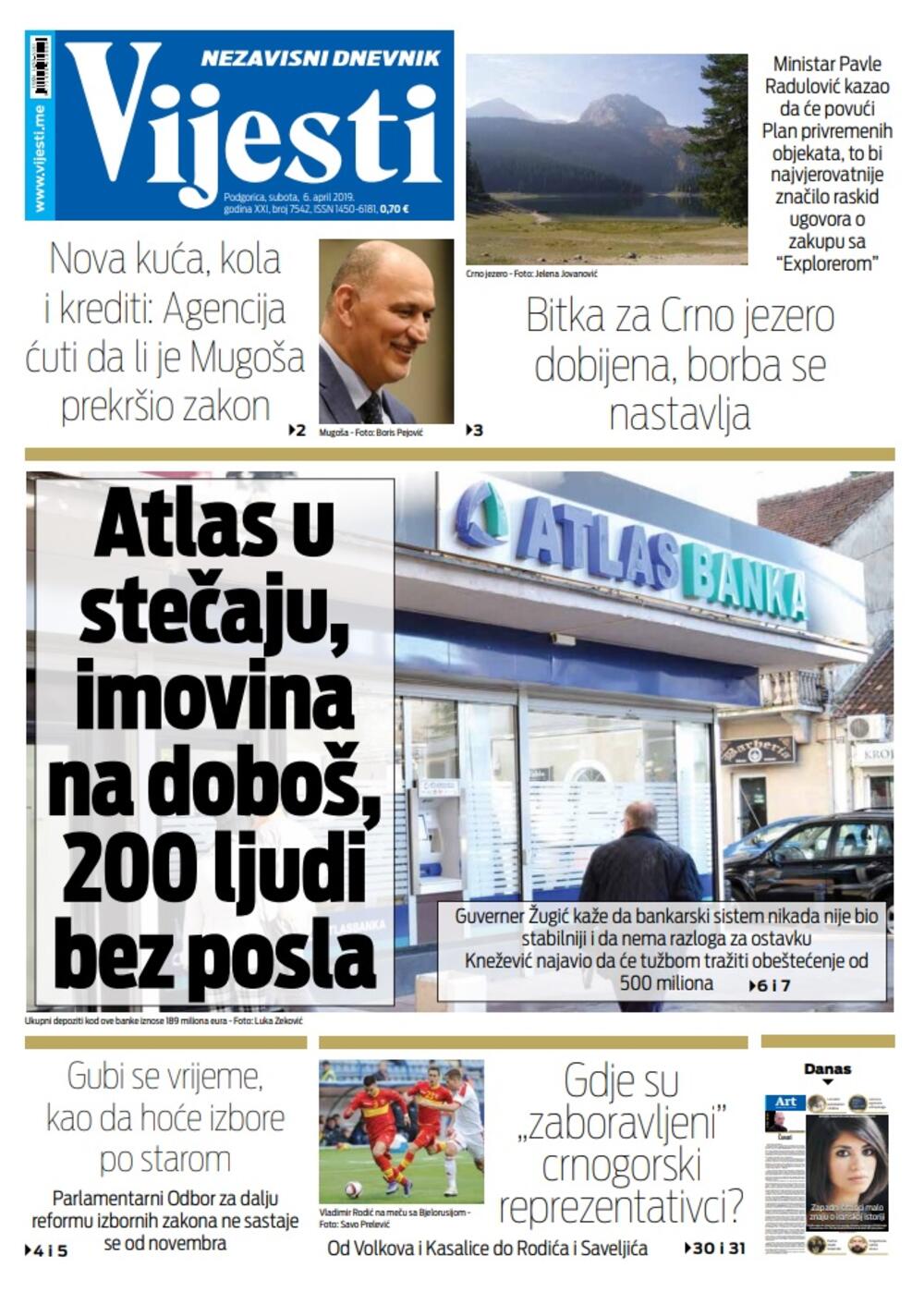 Naslovna strana "Vijesti" za 6. april