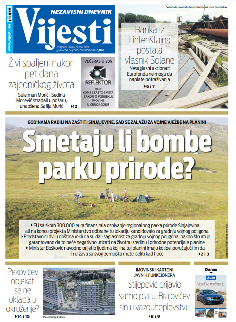 Naslovna strana "Vijesti" za 9. april, Foto: Vijesti