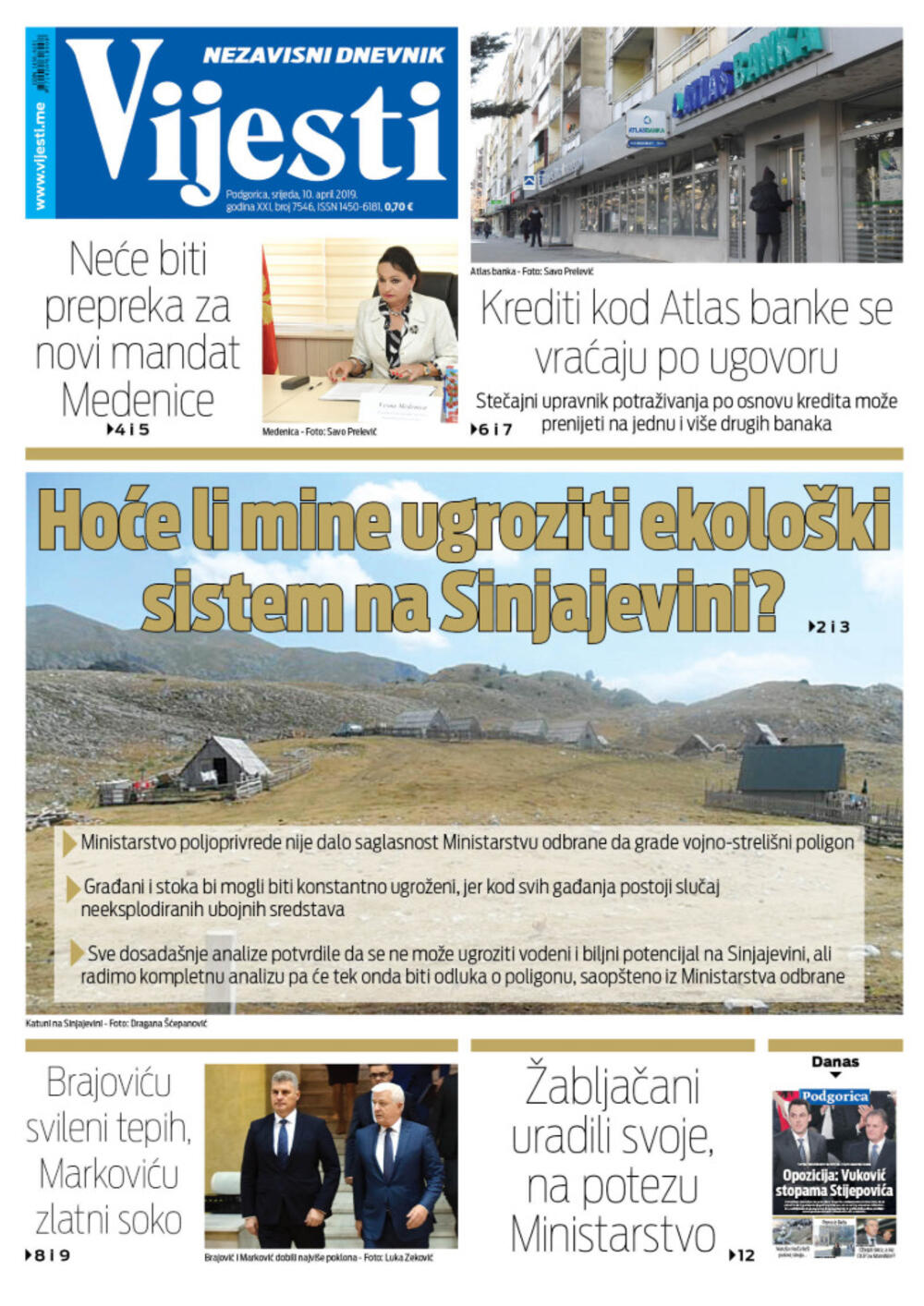 Naslovna strana "Vijesti" za 10. april