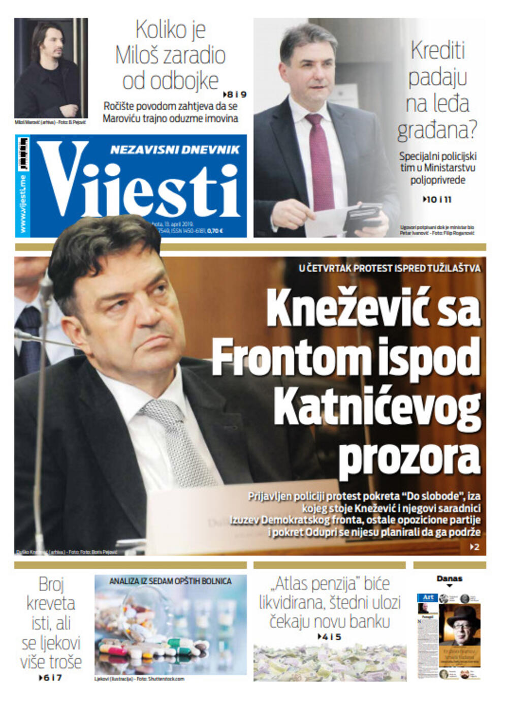 Naslovna strana "Vijesti" za 13. april, Foto: "Vijesti"