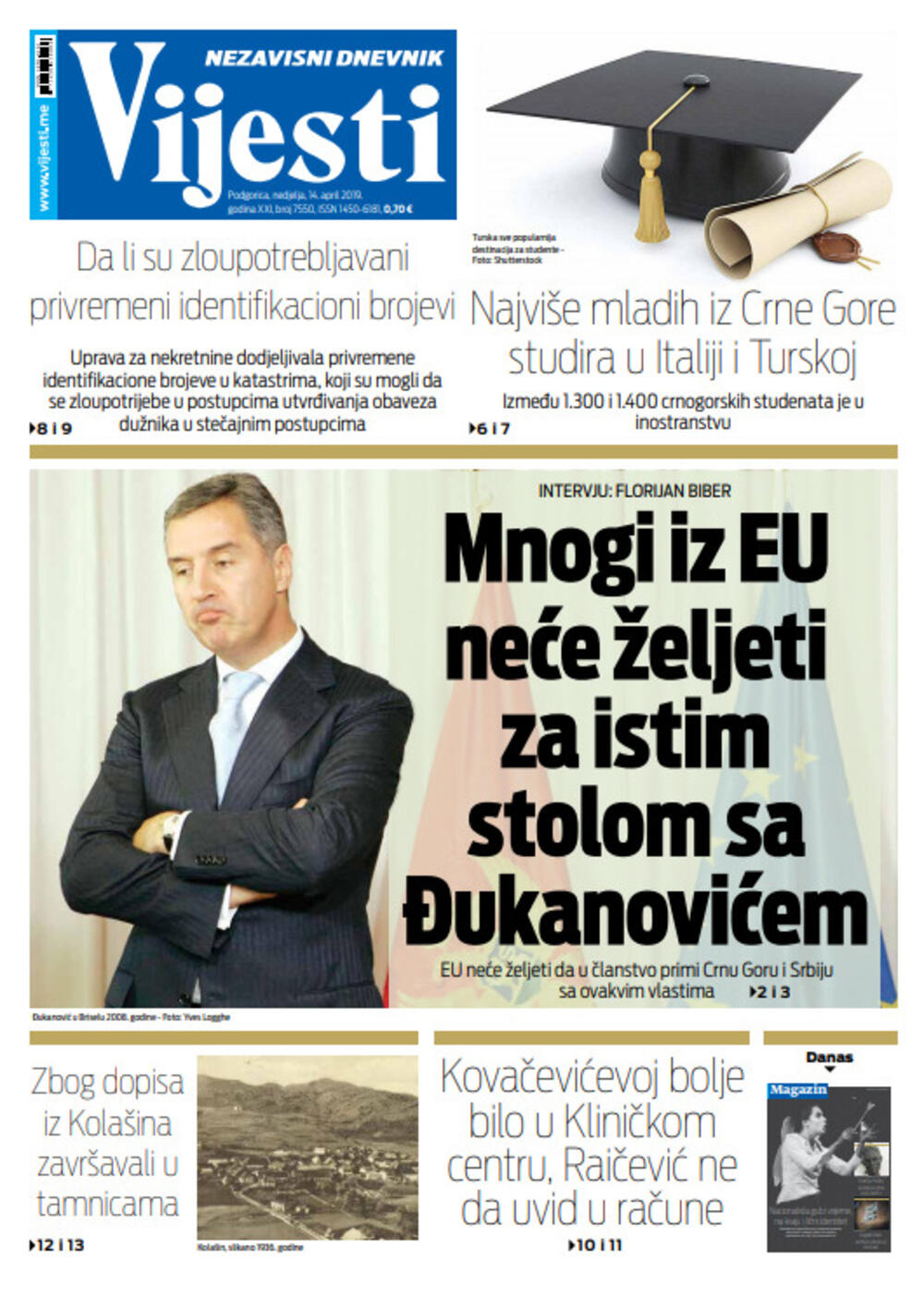 Naslovna strana "Vijesti" za 14. april, Foto: "Vijesti"