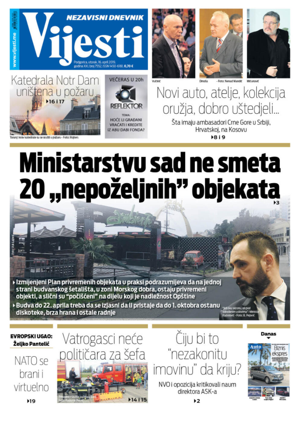 Naslovna strana "Vijesti" za 16. april