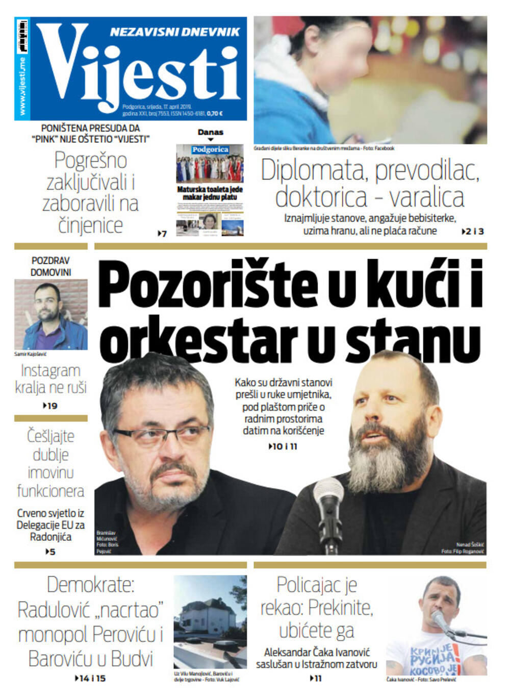 Naslovna strana "Vijesti" za 17. april, Foto: Vijesti
