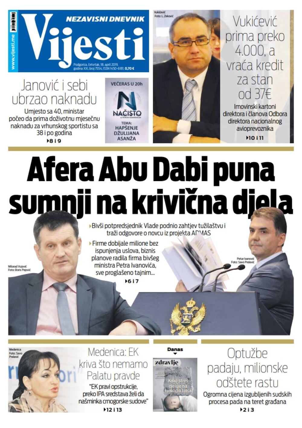 Naslovna strana "Vijesti" za 18. april