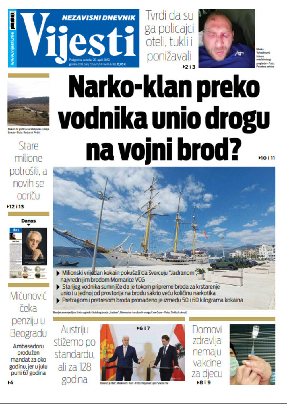 Naslovna strana "Vijesti" za 20. april, Foto: "Vijesti"