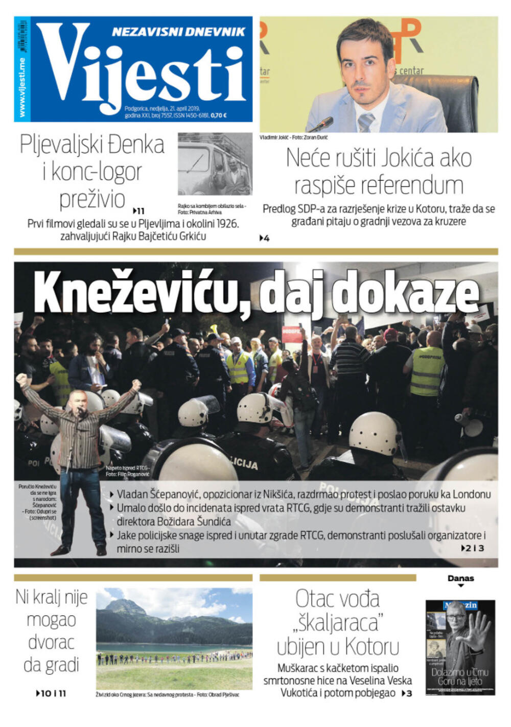 Naslovna strana "Vijesti" za 21. april
