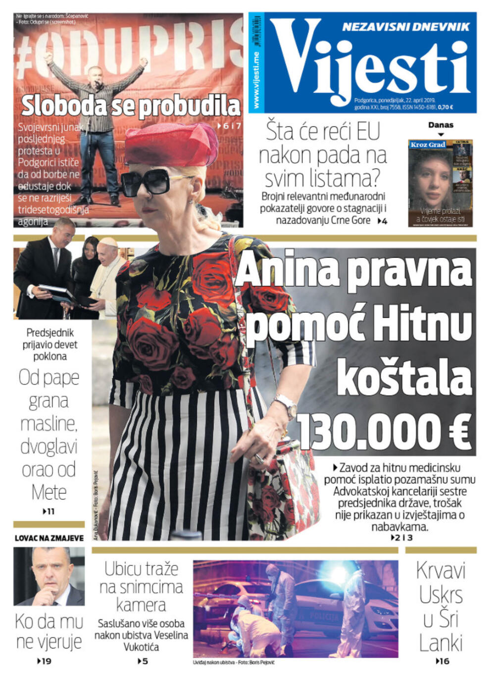 Naslovna strana "Vijesti" za 22. april