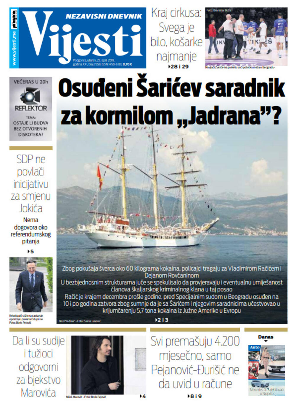 Naslovna strana "Vijesti" za 23.2., Foto: Vijesti