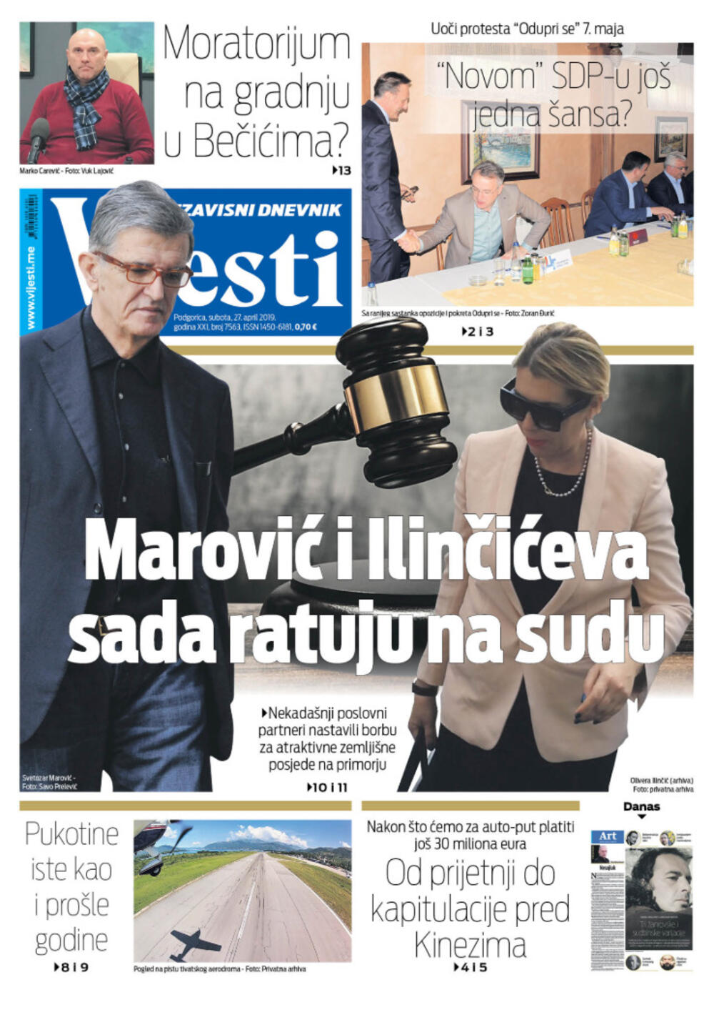 Naslovna strana "Vijesti" za 27. april