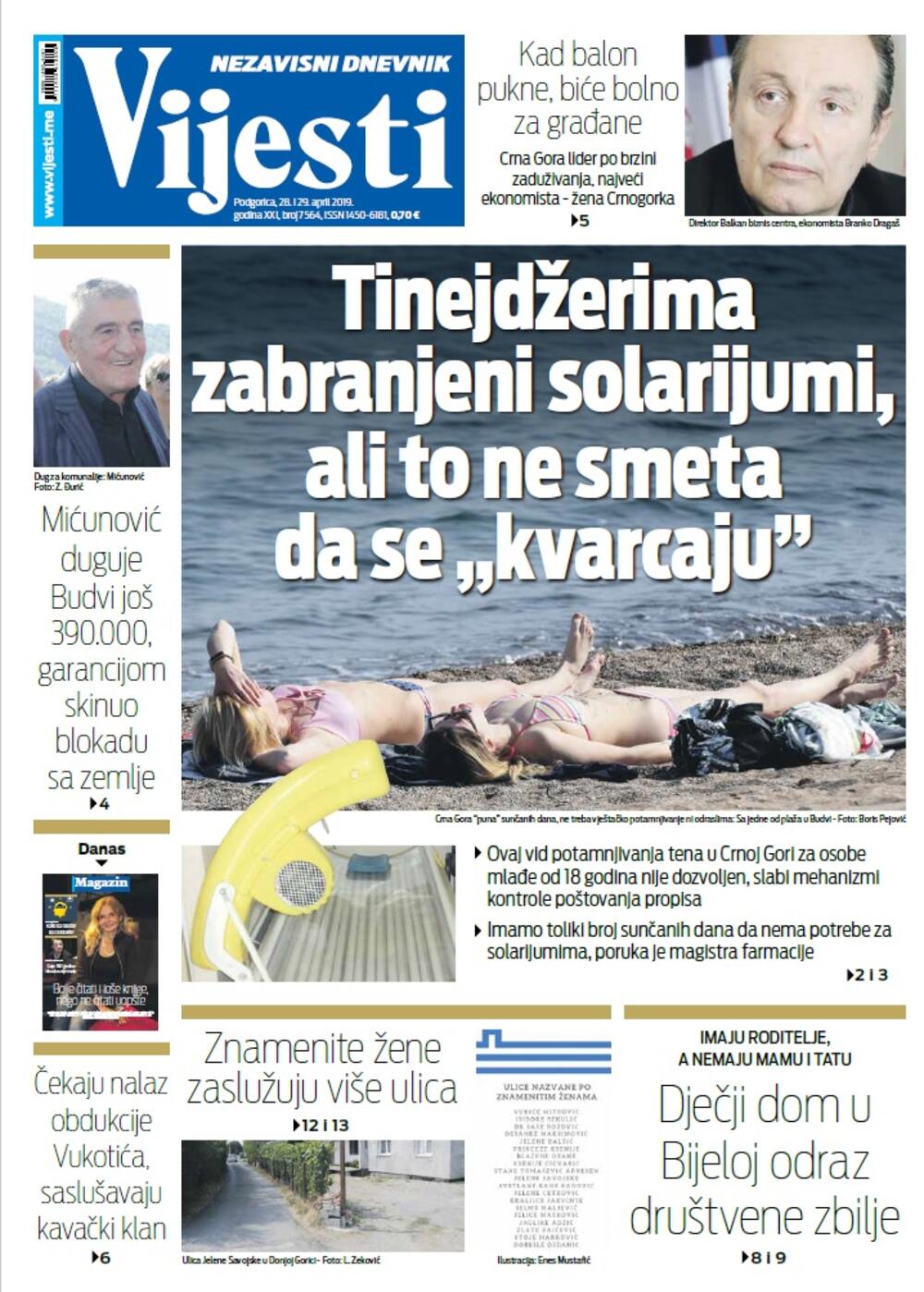 Naslovna strana "Vijesti" za 28. i 29. april, Foto: Vijesti