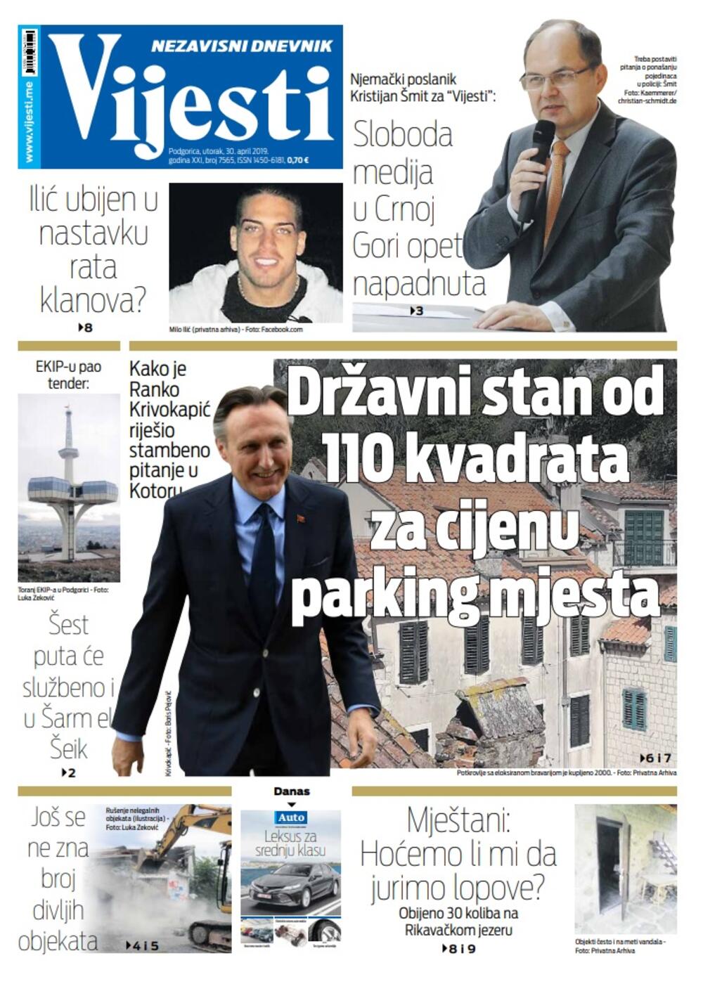 Naslovna strana "Vijesti" za 30. april