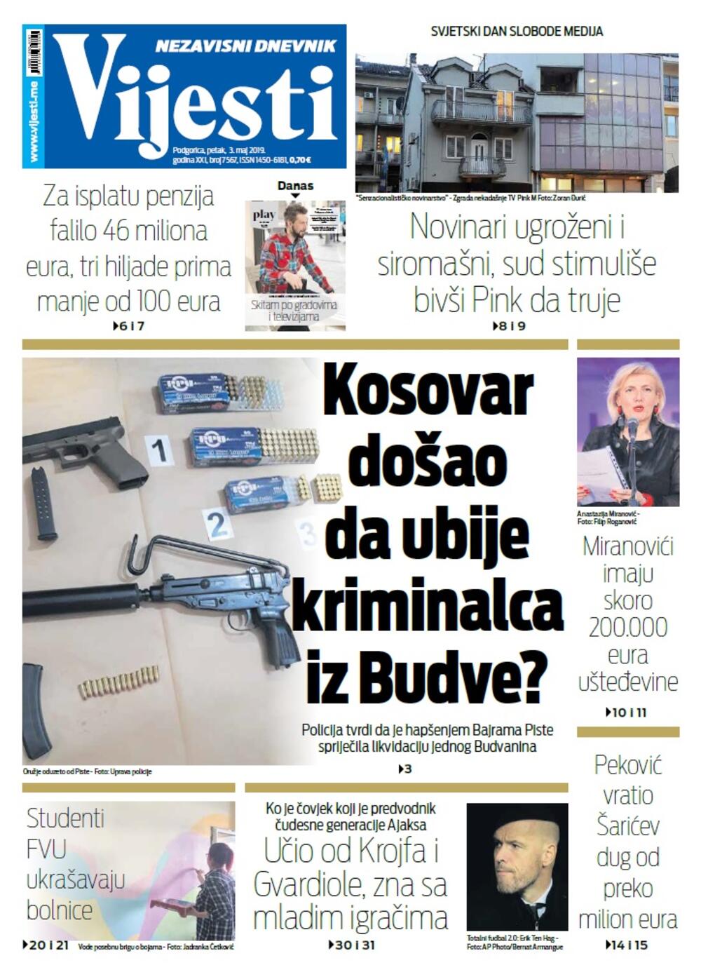 Naslovna strana "Vijesti" za 3. maj, Foto: Vijesti