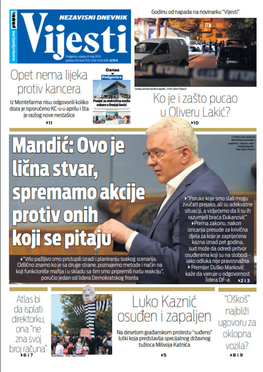 Naslovna strana "Vijesti" za osmi maj, Foto: "Vijesti"