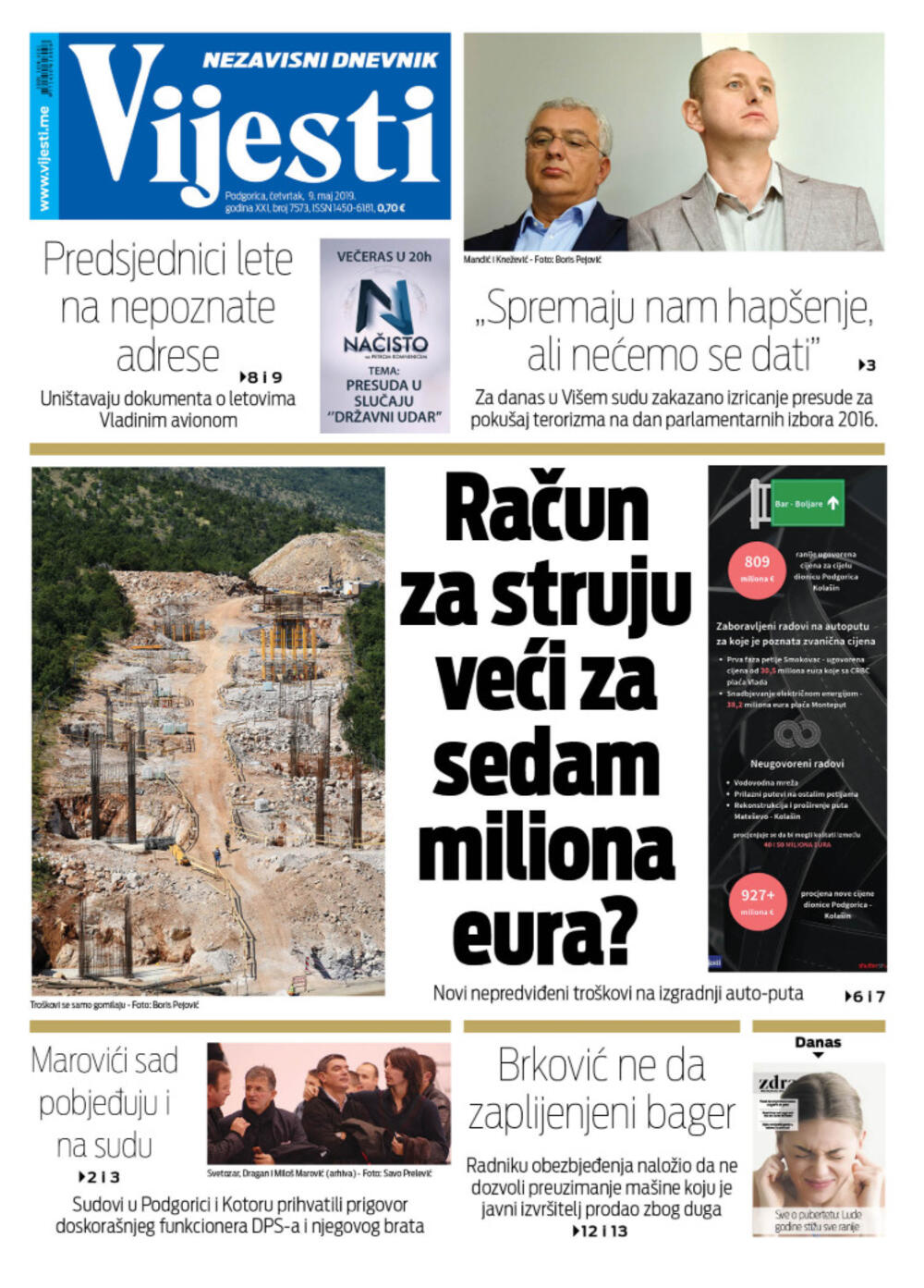 Naslovna strana "Vijesti" za 9. maj, Foto: Vijesti