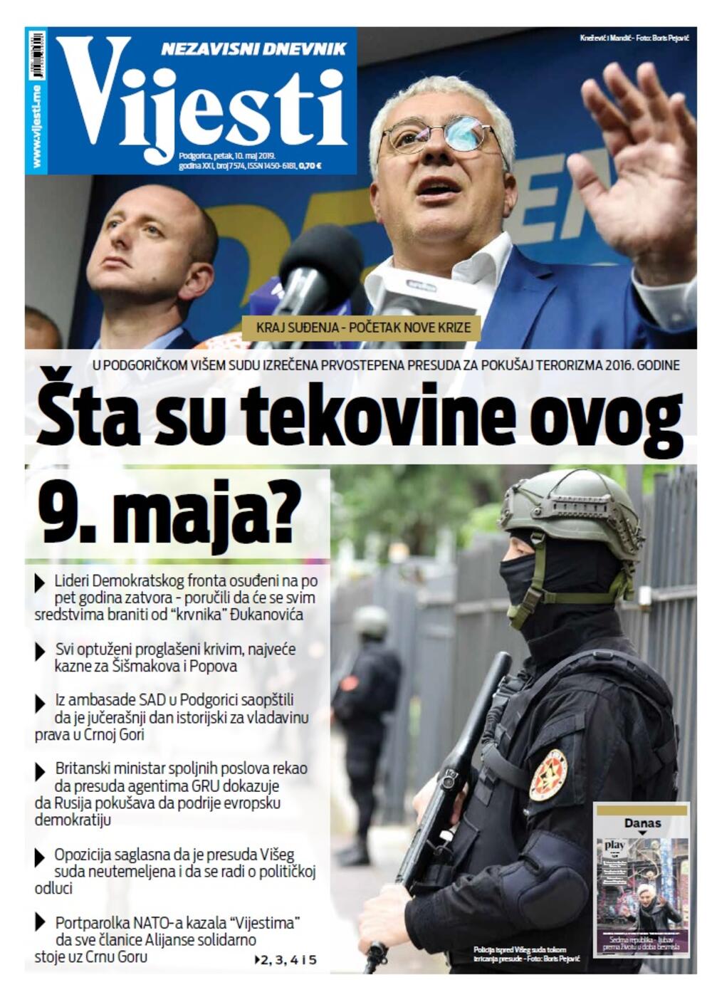 Naslovna strana "Vijesti" za 10. maj, Foto: Vijesti